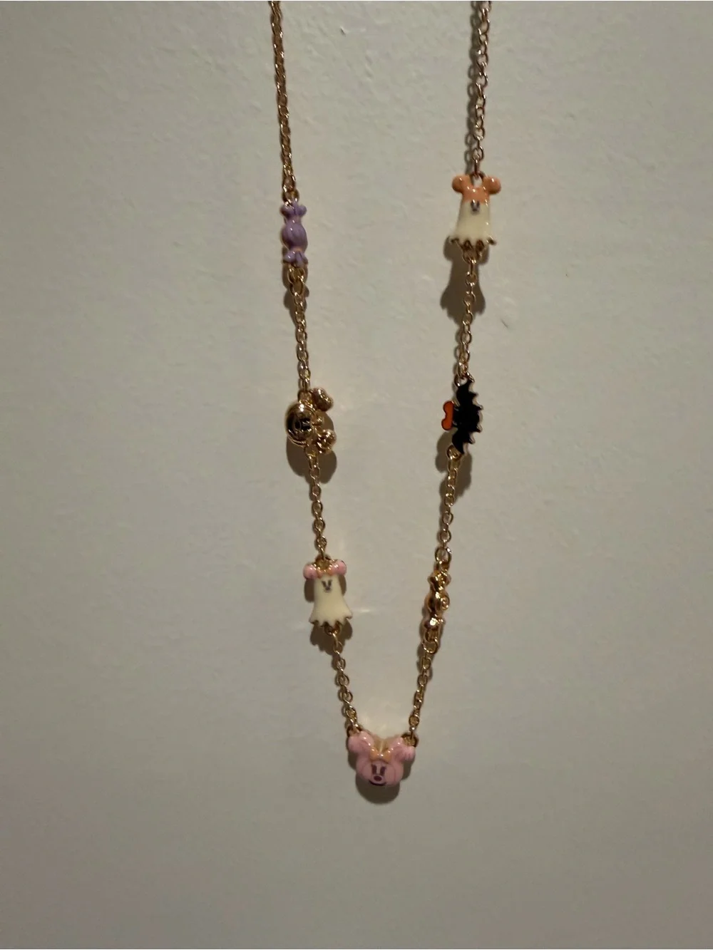 Disney Halloween Gold-Tone Necklace with Pink & orange pumpkin ghosts bat candy